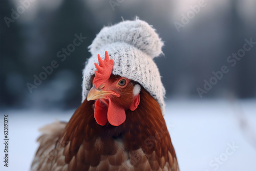 a chicken wearing a snow cap
