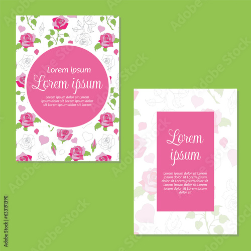 Wedding invitation card template. rose flowers and leaves seamless pattern background save the date, invitation, greeting card, vector illustration.
