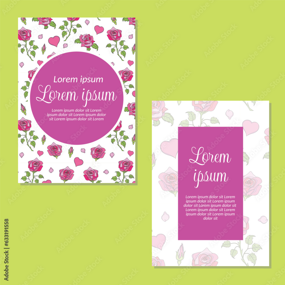 Wedding invitation card template. rose flowers and leaves seamless pattern background save the date, invitation, greeting card, vector illustration.