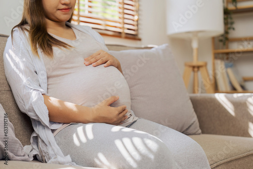 Young pregnant touching her belly while woman sitting on couch in living room