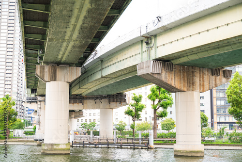 日本の大阪市内の中之島公園付近の高速道路と川