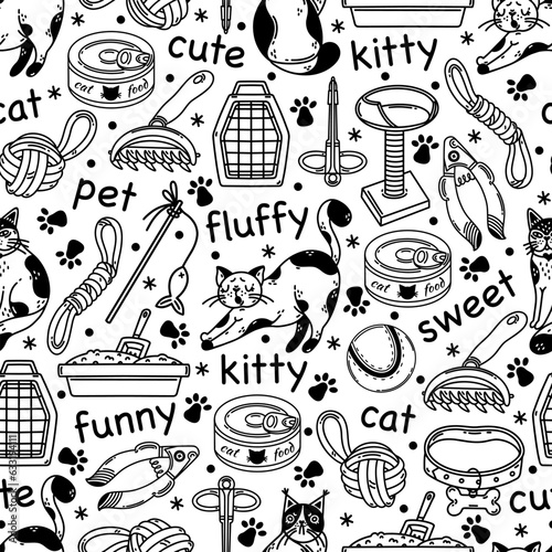 Cats and pet accessories seamless vector pattern. Goods for domestic animals - food, toys, scratching post, dematting comb, pill giver. Grooming and veterinary for a kitty. Black and white background