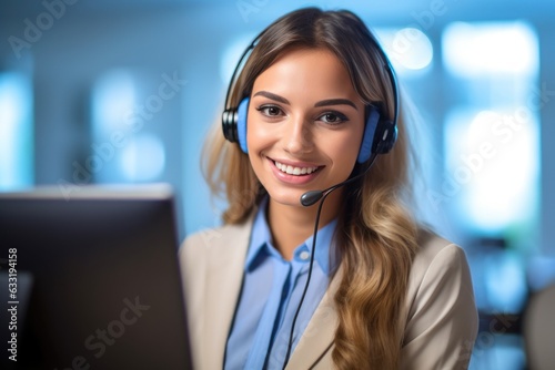 call-center operators with a small modern wireless headsets works with a desktop in an office, Generative AI