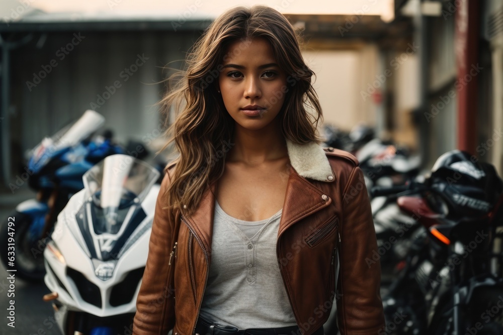 portrait of a women with superbike in background portrait of a women with superbike in background