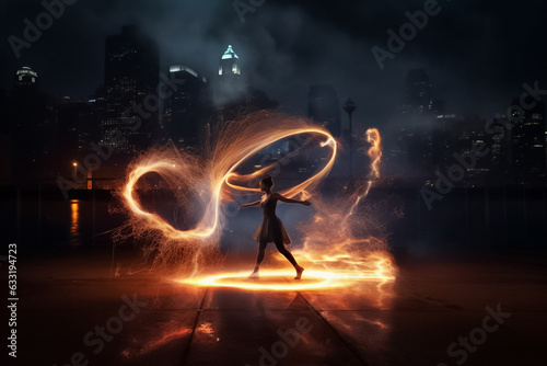Obraz na plátně Magical power woman showing fire power battle energy like Superhuman movie on the night city street