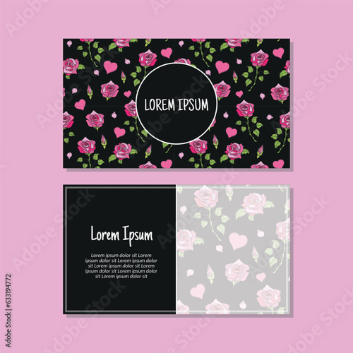 Business card template, rose flowers and leaves seamless pattern vector design. Double-sided creative business card template. Landscape orientation. Vector illustration.