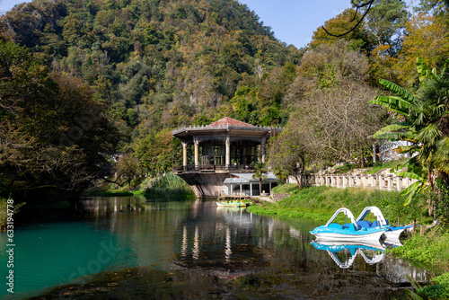 New Athos, Abkhazia - October 17, 2021. The abandoned Psyrtskha railway station on the left bank of the Psyrtskha River. Sunny autumn day.  photo