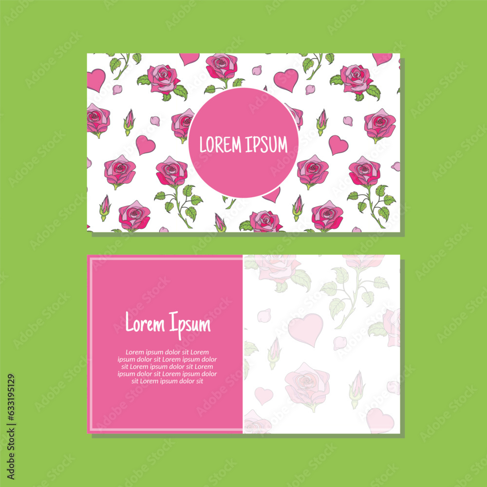 Business card template, rose flowers and leaves seamless pattern vector design. Double-sided creative business card template. Landscape orientation. Vector illustration. Business card template, rose flowers and leaves seamless pattern vector design. Double-sided creative business card template. Landscape orientation. Vector illustration.