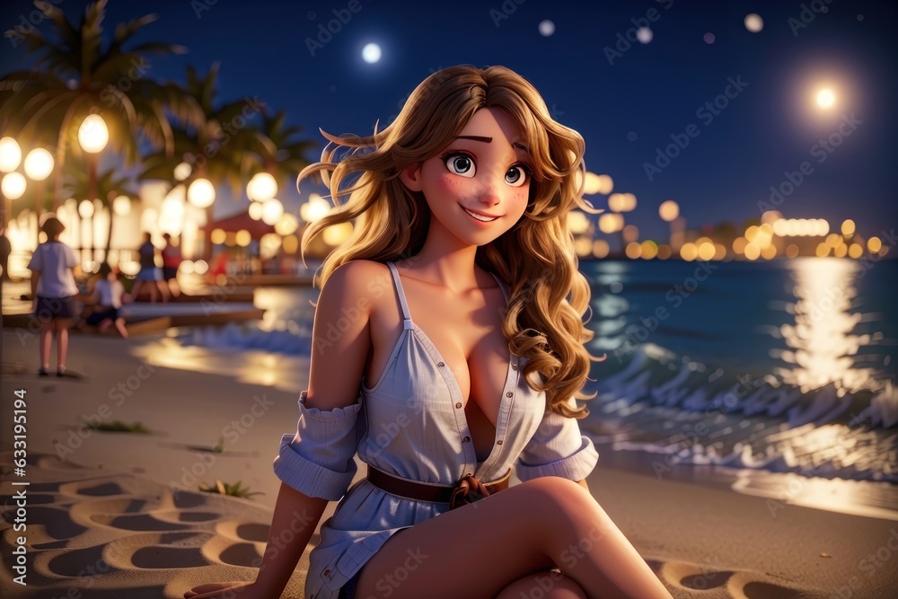 beautiful woman in short dress sitting at beach in night
