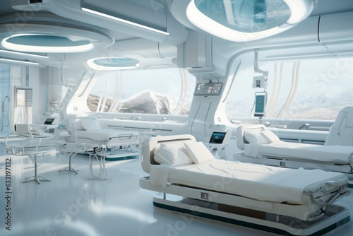 Futuristic white hospital with robots, glass and light © leriostereo