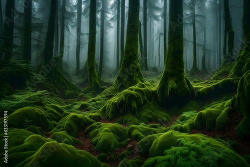 A dense foggy forest with trees covered in moss,4k, 8k, 16k, full ultra hd, high resolution and cinematic photography