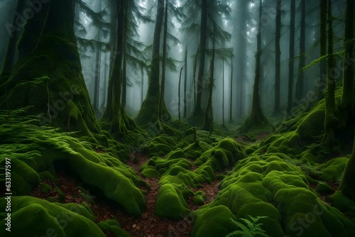 A dense foggy forest with trees covered in moss,4k, 8k, 16k, full ultra hd, high resolution and cinematic photography