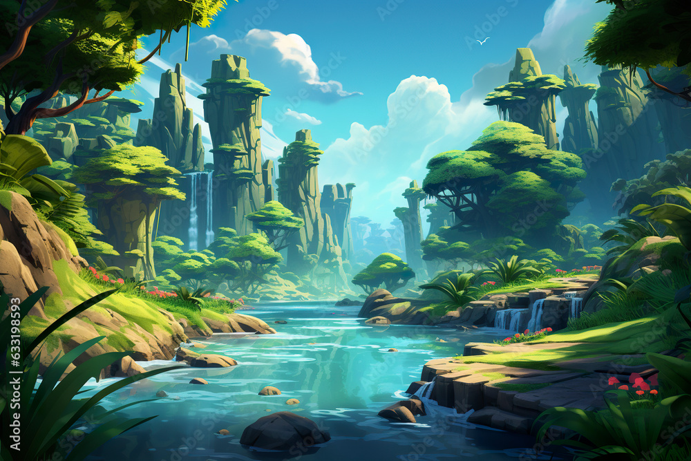 Beautiful 2D abstract tropical jungle waterfall background environment for adventure or battle mobile game. Cartoon style of tropical jungle waterfalls in game art background environment.