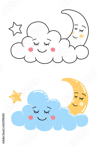 sleeping moon and clouds at night, cartoon illustration, two options