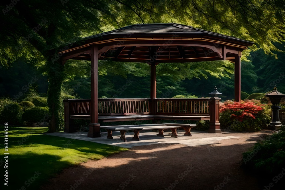 A peaceful park with a gazebo and benches