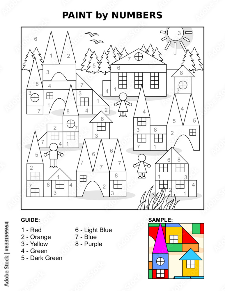 Color by numbers, or paint by numbers, activity page for kids - toy town
