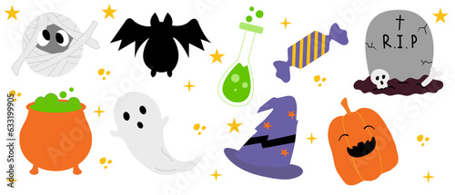 set of elements halloween illustration, ghost, pumpkin, bat, witch and wizard hat.