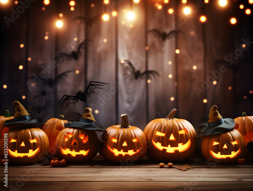 Halloween pumpkins on wooden table in Halloween theme with Generative AI. © P Stock