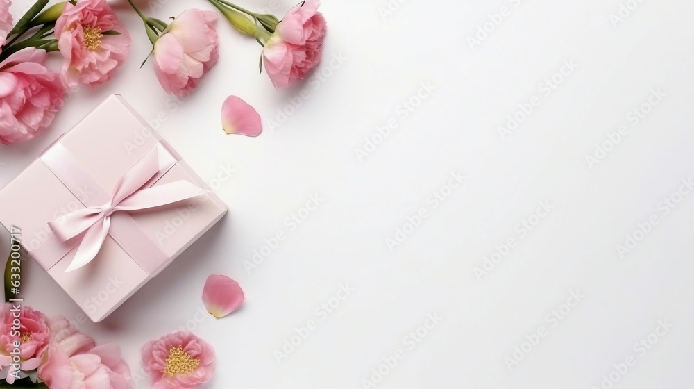 Set of gift boxes in pastel pink colors on light background with tender pnk flowers, flat lay, tio view, copy space for text Set of gift boxes in pastel pink colors on light background with tender pnk flowers, flat lay, tio view, copy space for text