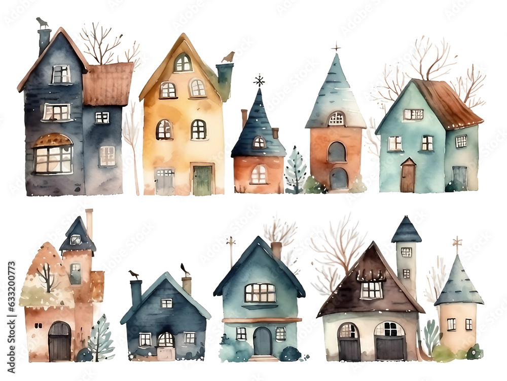 Set of cute colorful houses and cottages 