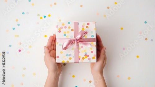 Child's hands holding a gift with a pale pink ribbon, on pink background, Flat lay composition for birthday or wedding.