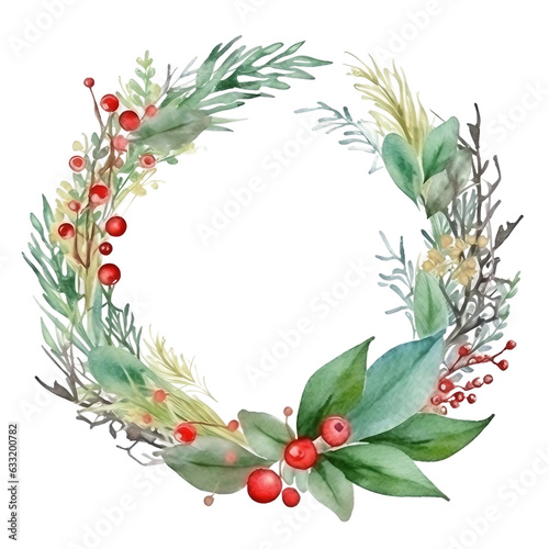 Watercolor christmas wreath decorated with baubles and stars on white background 