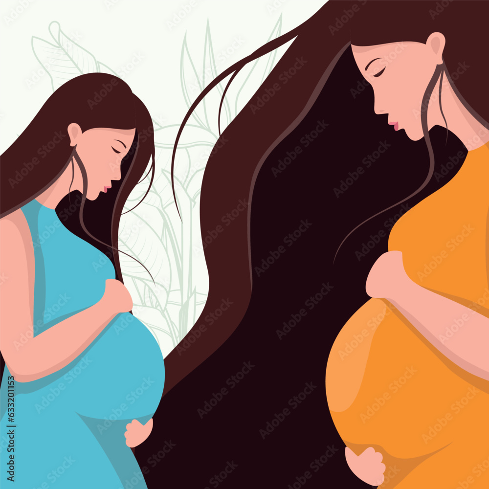 Happy pregnant woman flat design illustration. Beautifully decorated with leaves. vector pregnancy design of a mother carrying her child Happy pregnant woman flat design illustration. Beautifully decorated with leaves. vector pregnancy design of a mother carrying her child