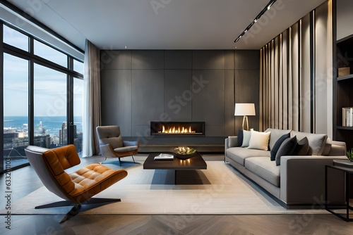 Minimalist style interior design of modern living room with fireplace and concrete walls, Generative Ai © DESIRED_PIC