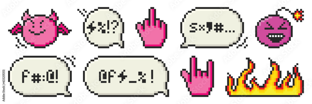 Set of pixel art dialogue box with swear words, evil emoji, bomb, hands and fire. Speech bubbles in the mood of 90's aesthetics. Vector 8-bit retro style illustration. Set of pixel art dialogue box with swear words, evil emoji, bomb, hands and fire. Speech bubbles in the mood of 90's aesthetics. Vector 8-bit retro style illustration.