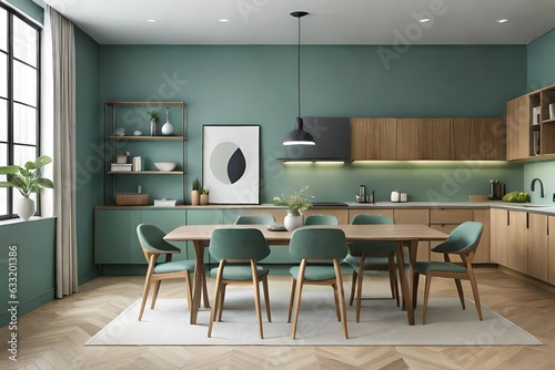 Mint color chairs at round wooden dining table in room with sofa and cabinet near green wall, Generative Ai