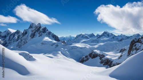 a snowy mountain tops with blue sky and clouds
