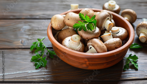 Fresh mushrooms in a clay bowl and parsley on a dark rustic wooden table. Vegetarian food is on the table.