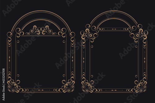 Golden border frame set template with ornamental corner lines, oval or circle shape, vector frame decoration pattern style