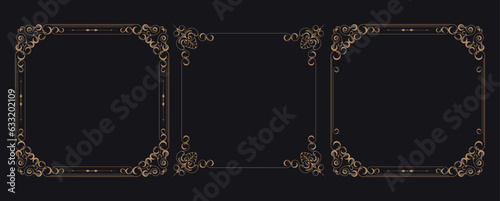 Golden border frame set template with ornamental corner lines, oval or circle shape, vector frame decoration pattern style
