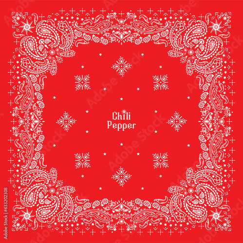 Red Bandanna Print. paisley seamless pattern. chili pepper, flowers, star, decorative geometric line ornament. White and red pattern template. Silk neck scarf or kerchief square pattern design style. photo