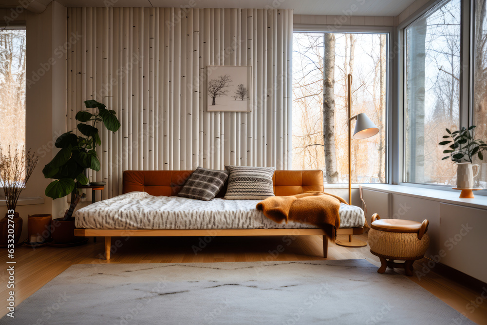 y white wallpaper, creating a calm, natural vibe.
The living room features a daybed wrapped in leather, a pillow, a wooden end table, and a blanket, all set against white wallpaper for a calm ambiance