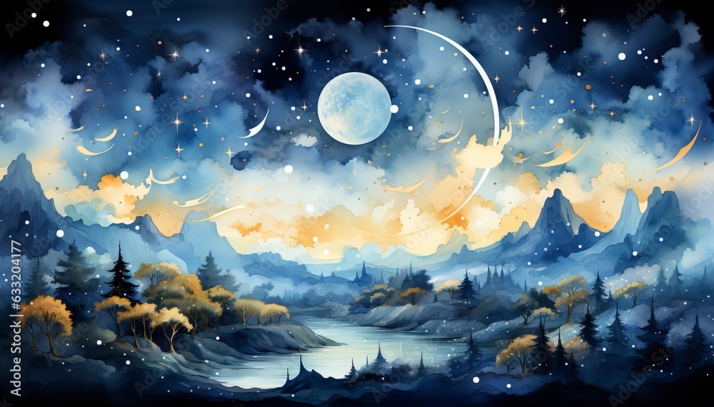 Fototapeta premium watercolor moon and stars