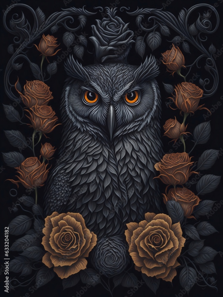 Dark gray owl with orange eyes in the classical rose frame, Generative AI