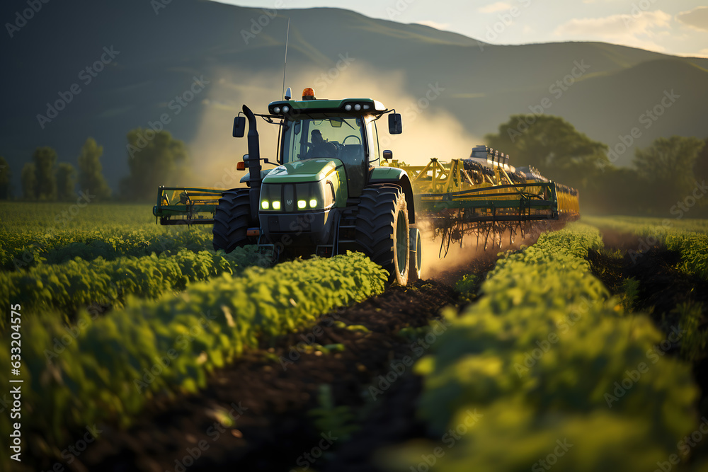 Fototapeta premium farmer in farmland, workers in the field, agriculture environment and green field, combine harvester