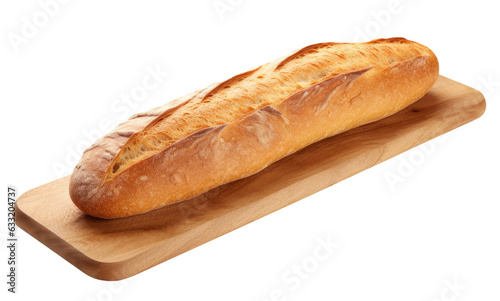 Long baguette on cutting board isolated on transparent background, traditional French bread