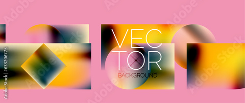 Squares and circles design. Fluid color gradients with metallic effects. Serene synergy of shapes, merging squares and circles into harmonious, captivating design