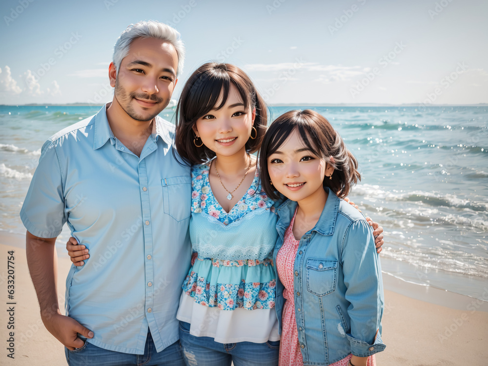 Family portrait on the beach features a father, his daughter, and granddaughter against the tranquil sea, showcasing generations of love in a picturesque setting.