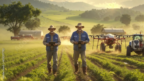 In the farm field, two old farmers collaborate seamlessly, each holding a tablet while a drone hovers overhead, and a tractor is parked nearby, reflecting the synergy of modern agriculture.