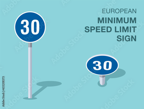 Traffic regulation rules. Isolated european minimum speed limit sign. Front and top view. Flat vector illustration template.