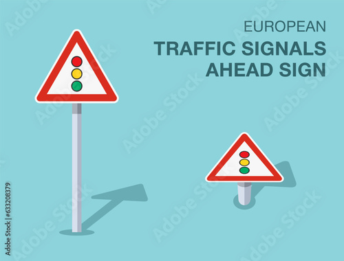 Traffic regulation rules. Isolated european traffic signals ahead sign. Front and top view. Flat vector illustration template.