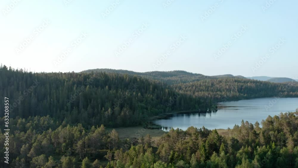 Evergreen Coniferous Forest And Lake Near Rural Village. Aerial Pullback Shot Evergreen Coniferous Forest And Lake Near Rural Village. Aerial Pullback Shot