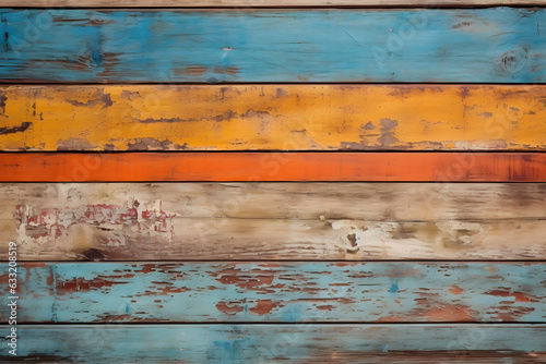 Texture of wood boards with cracked aging paint blue, orange, and white color. Horizontal background with wooden planks of different colors.  photo