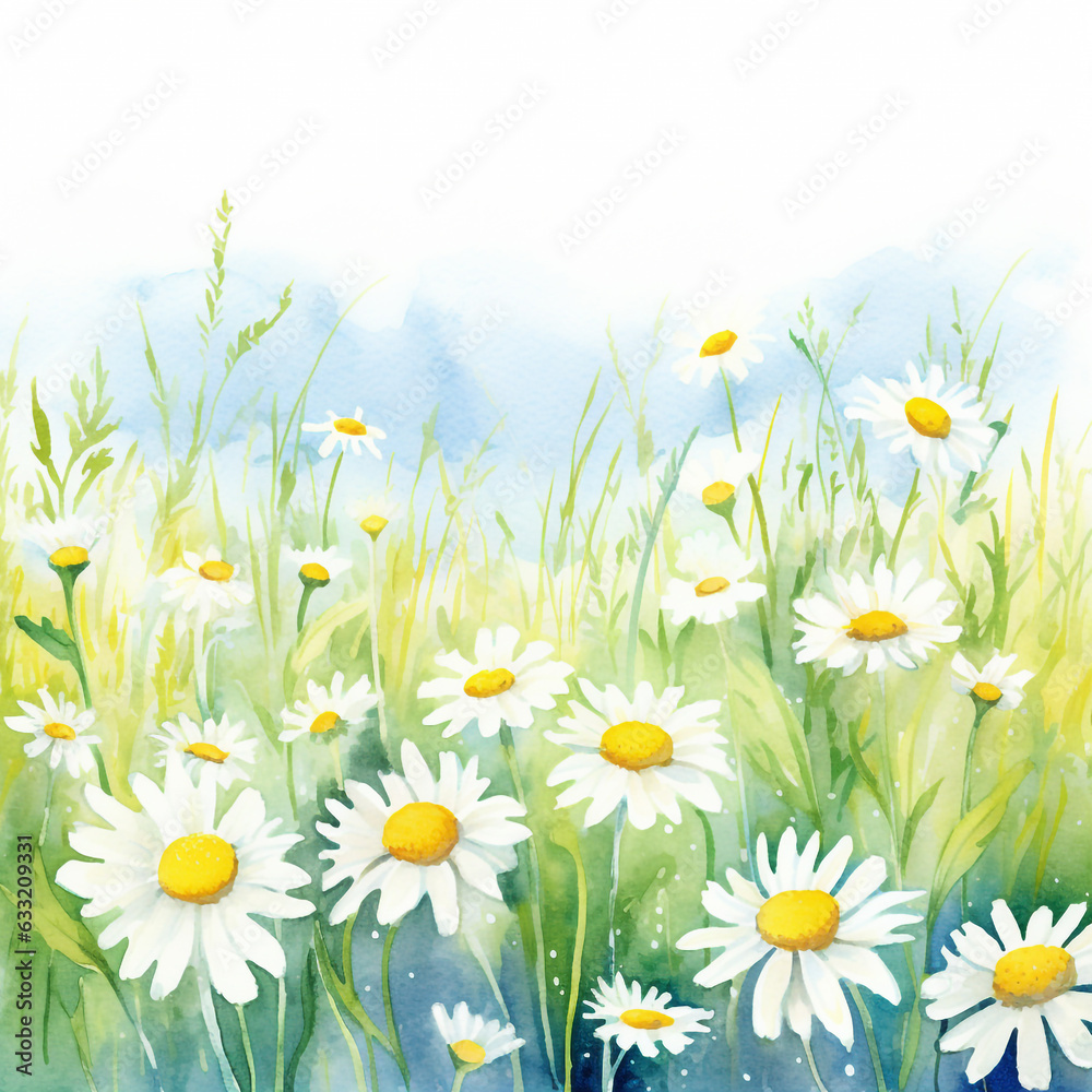 Fototapeta premium Camomile daisy watercolor background, invitation, greeting card with field flowers and field daisies. Hand drawn floral illustration.