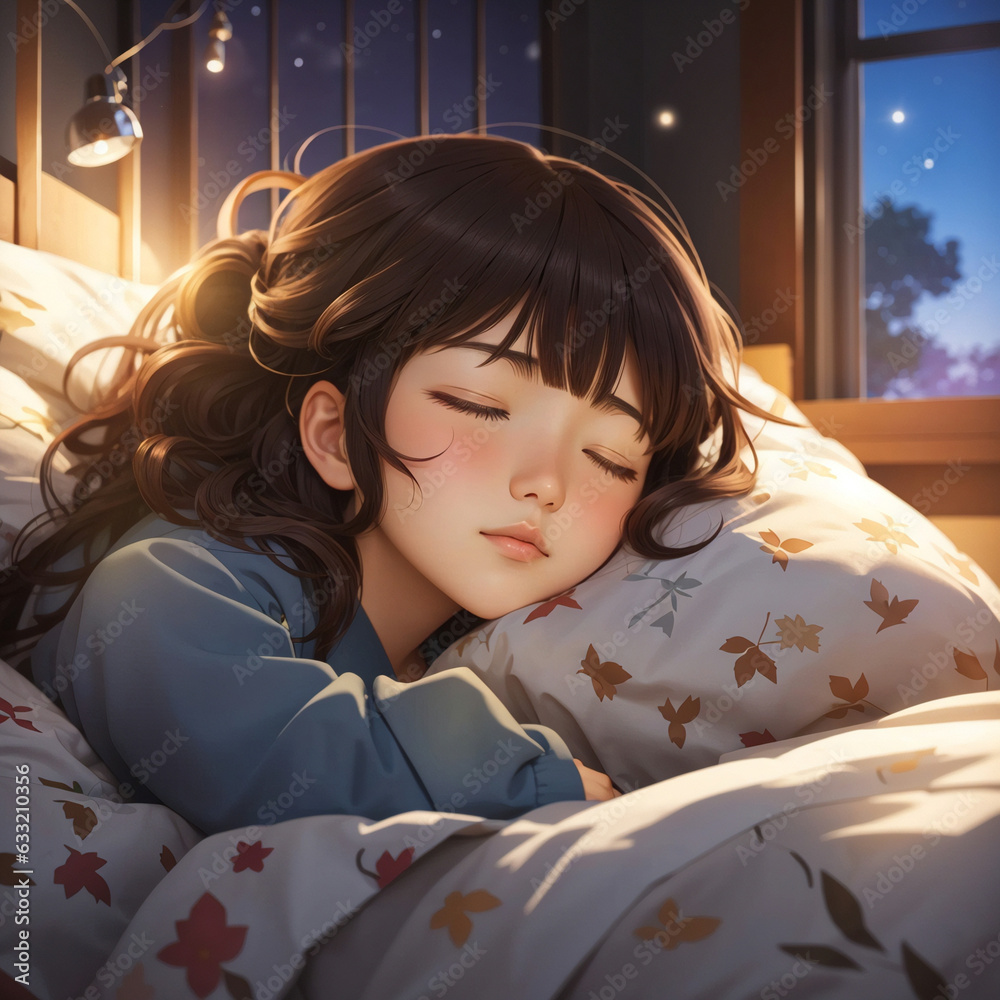 Ilustracja Stock A beautiful anime Lofi girl chilling at night. Anime girl lying on bed, anime