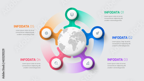 Vector Infographic Label Design Template with Circle Label 5 Options and Icon for Presentation